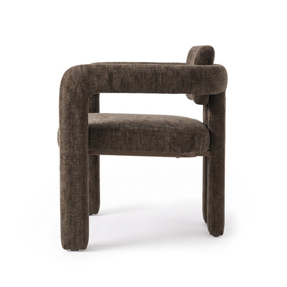 Side view of a modern dark brown upholstered chair on a white background