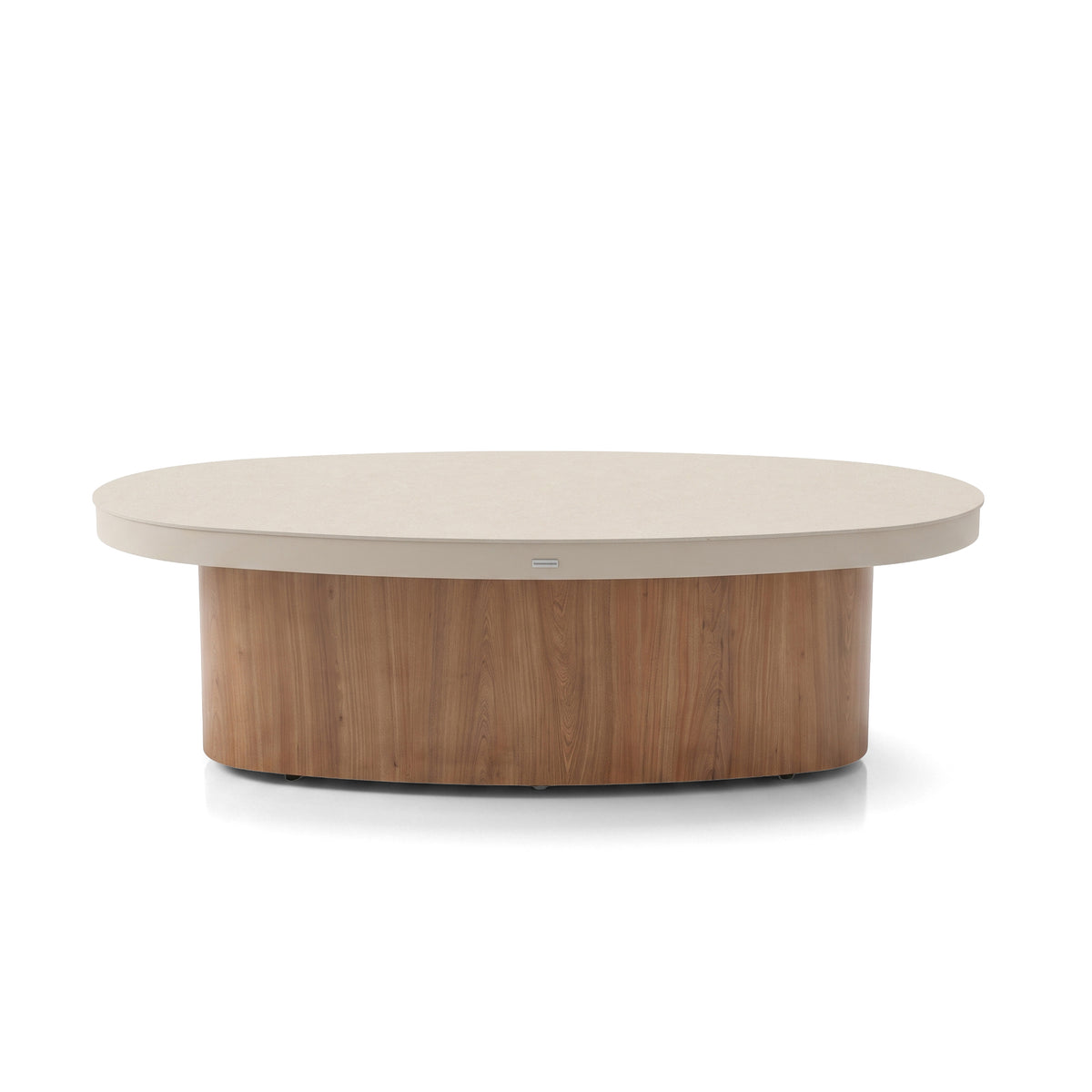 Oval coffee table with neutral top and wood-grain base on a white background.