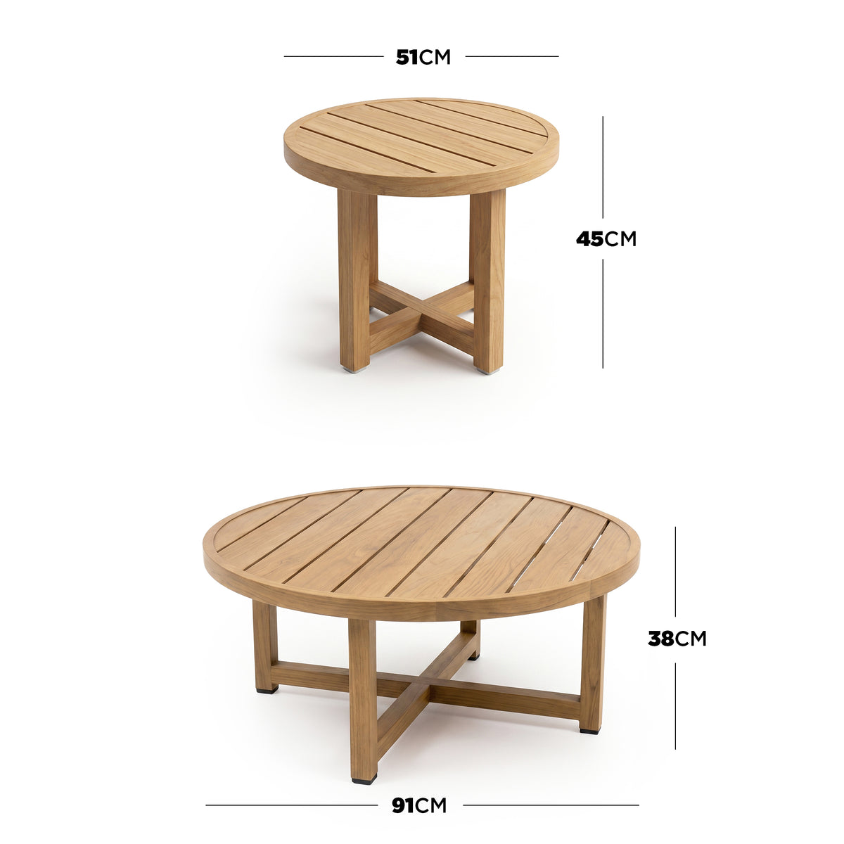 Two round wooden tables on white background with size measurements shown
