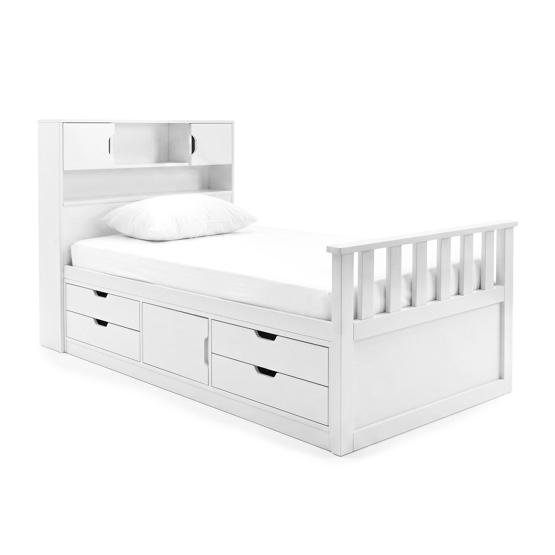 White single bed with built-in drawers and headboard shelving on a white background