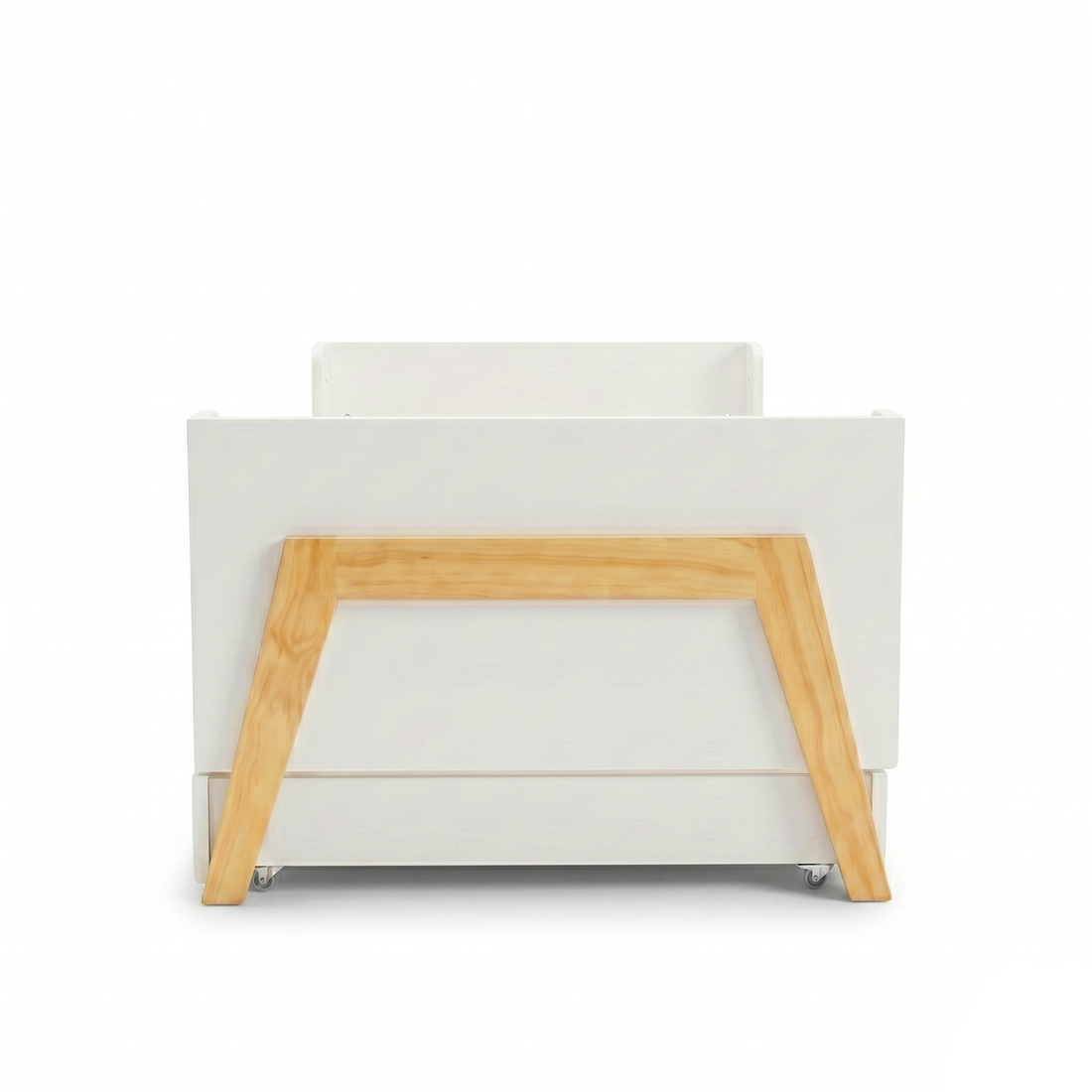 White and wood storage bin with wheels on white background