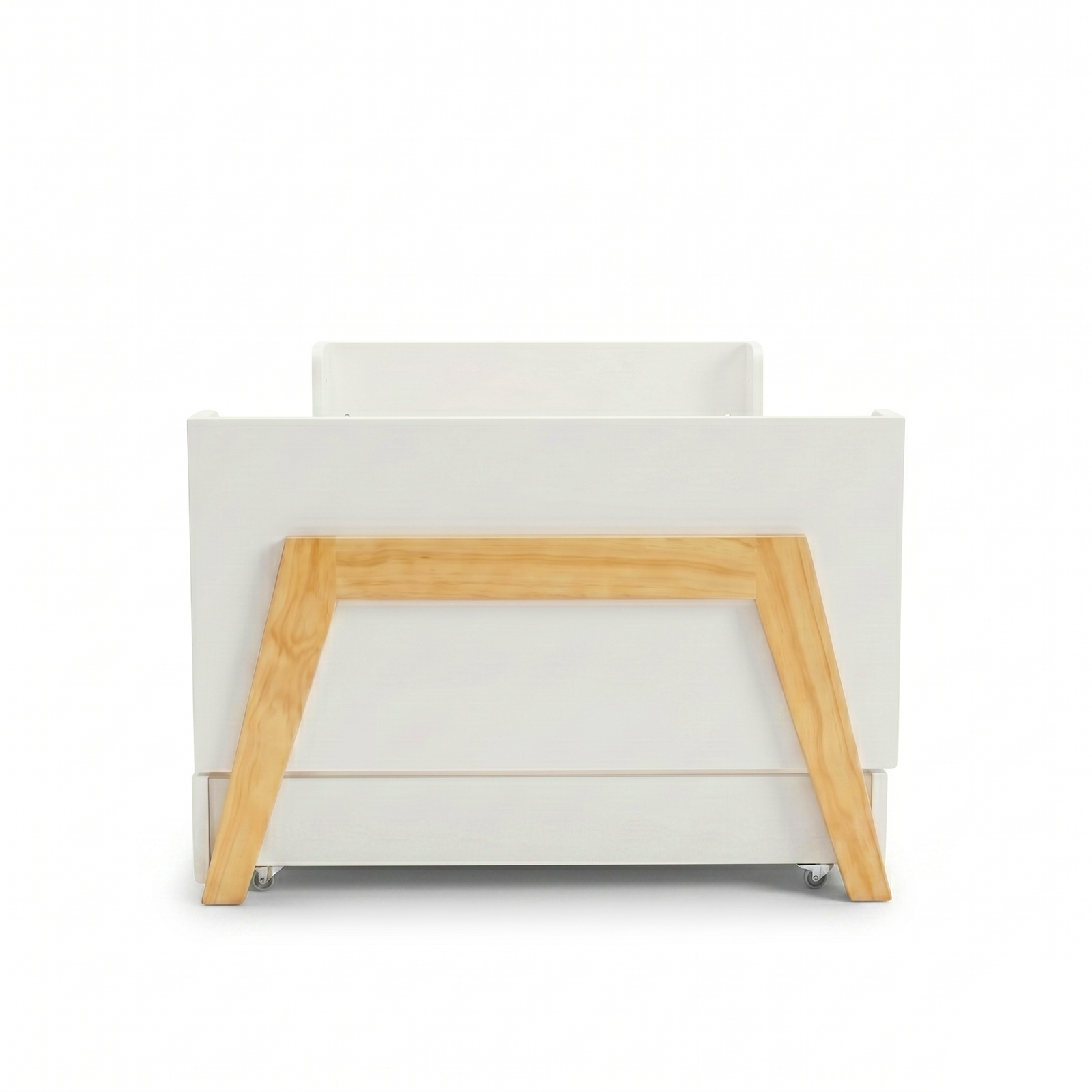 White and wood storage bin with wheels on white background
