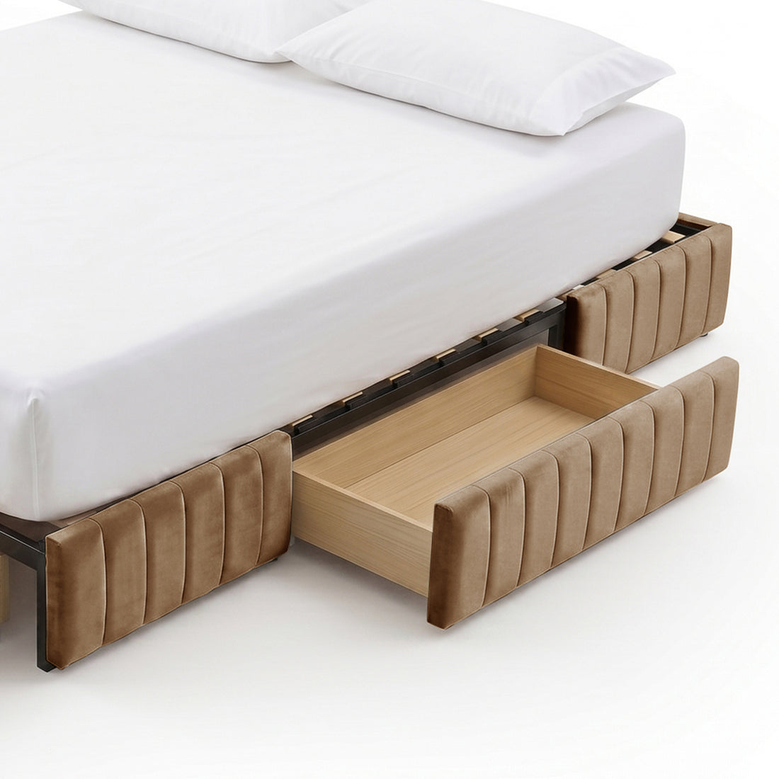 Partial view of under-bed storage drawer on white background