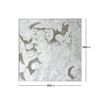 Luma Framed Canvas Wall Art 105 x 105cm in White, featuring textured white shapes on a muted grey-beige background, housed in a minimalist white frame, adding depth and elegance to any room.