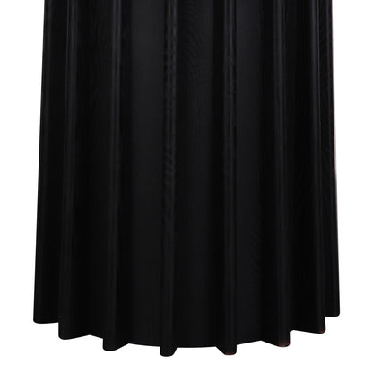 Gabi 120cm Marble Look Dining Table in Black, featuring a round silhouette with a floor-length, black pleated tablecloth, creating an elegant, sculptural presence with a fluted base.
