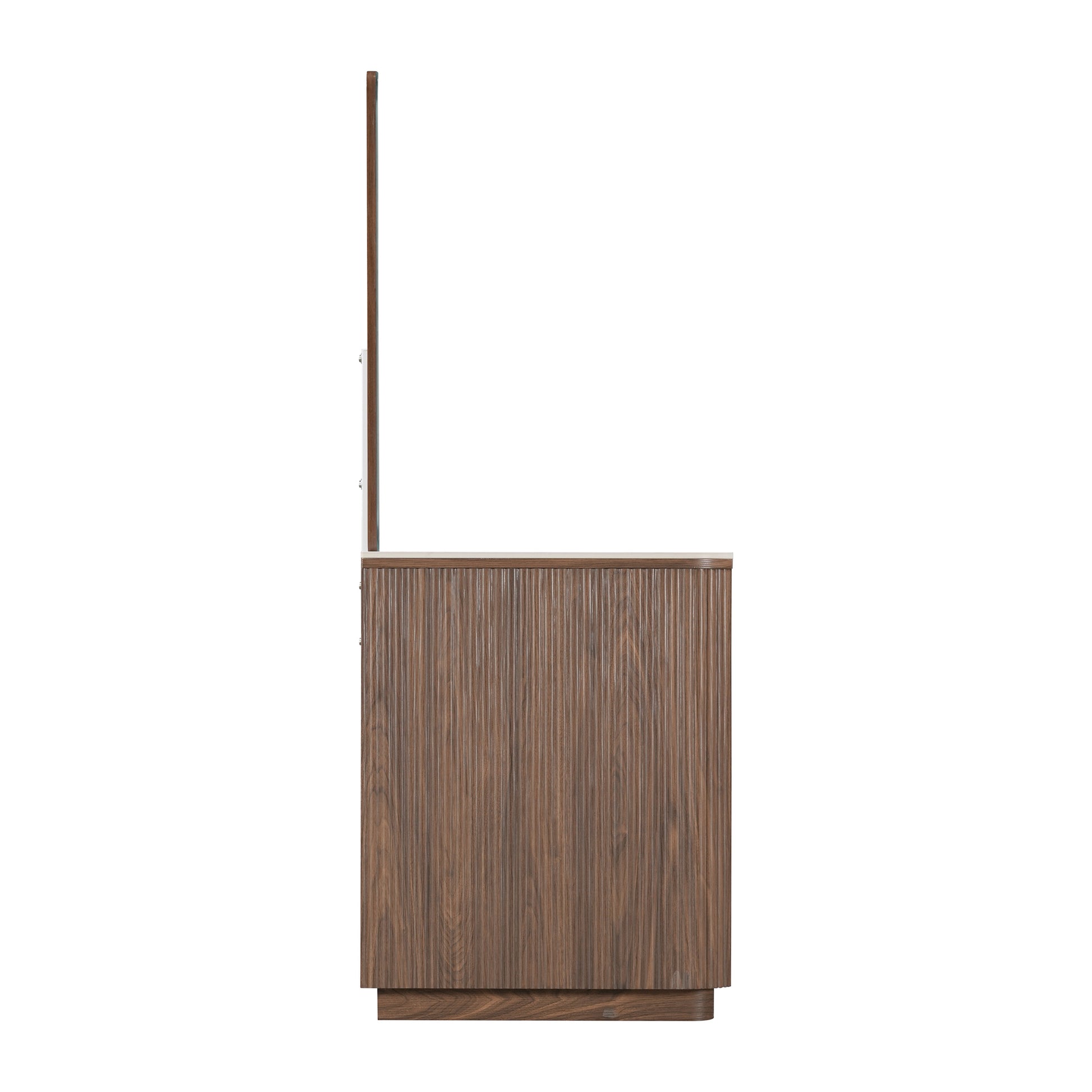 Side view of a modern wooden cabinet on a white background