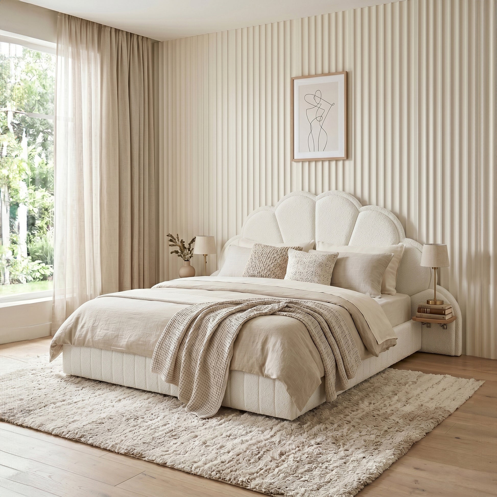 Cozy bedroom with upholstered scallop headboard bed styled with pillows and neutral decor