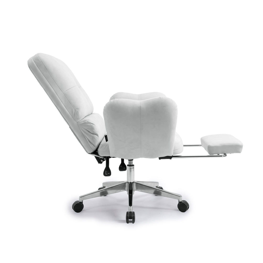 Rear angled view of a light gray reclining office chair with footrest on white background