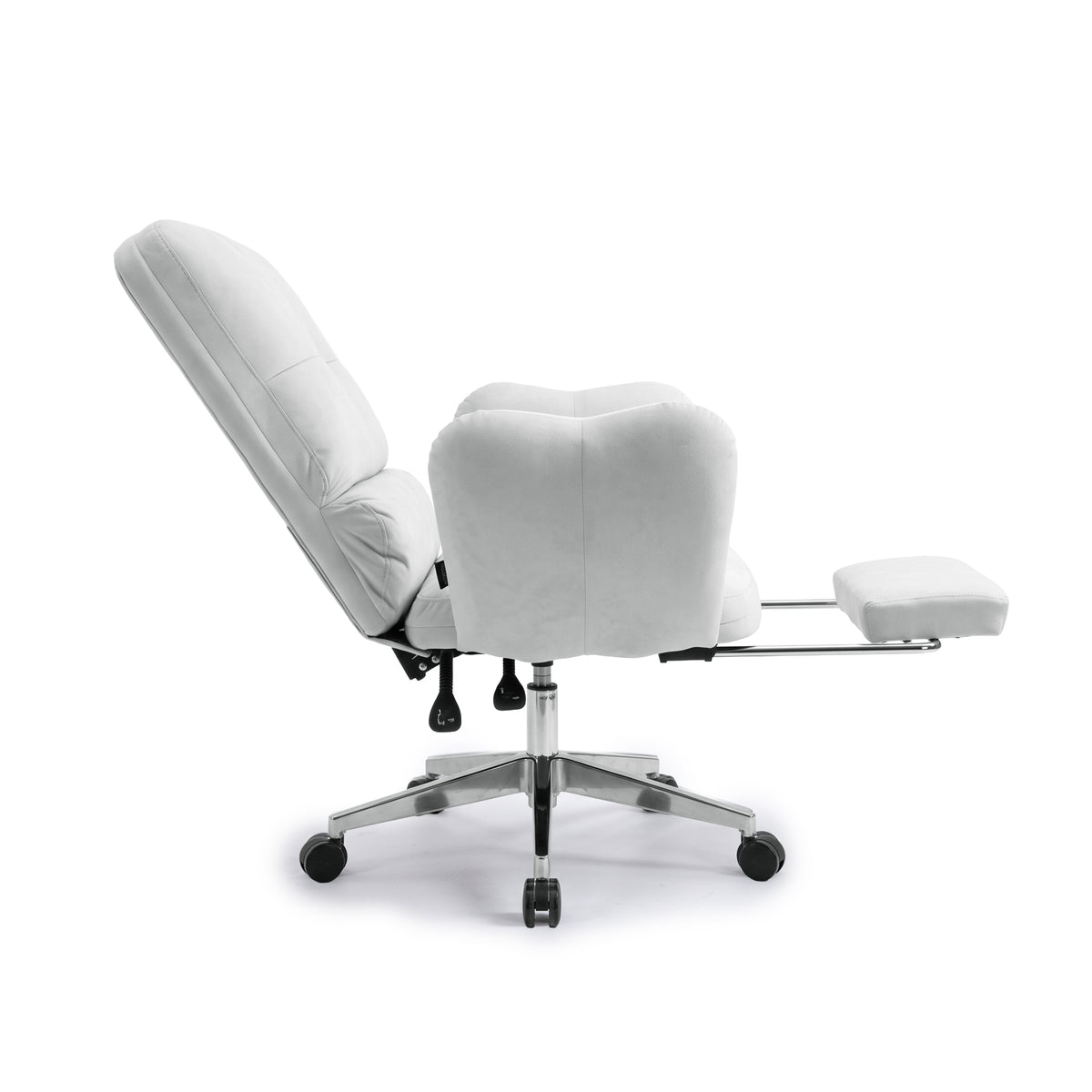 Rear angled view of a light gray reclining office chair with footrest on white background
