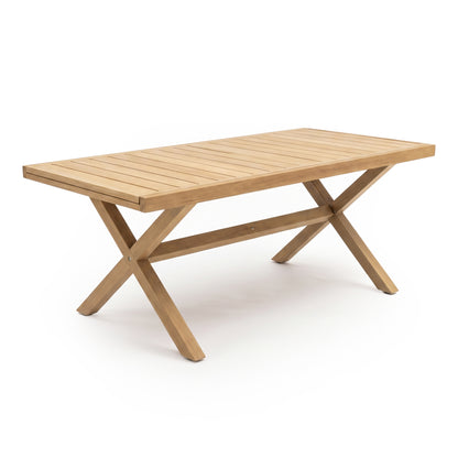 Wooden slatted dining table with X-shaped legs on white background
