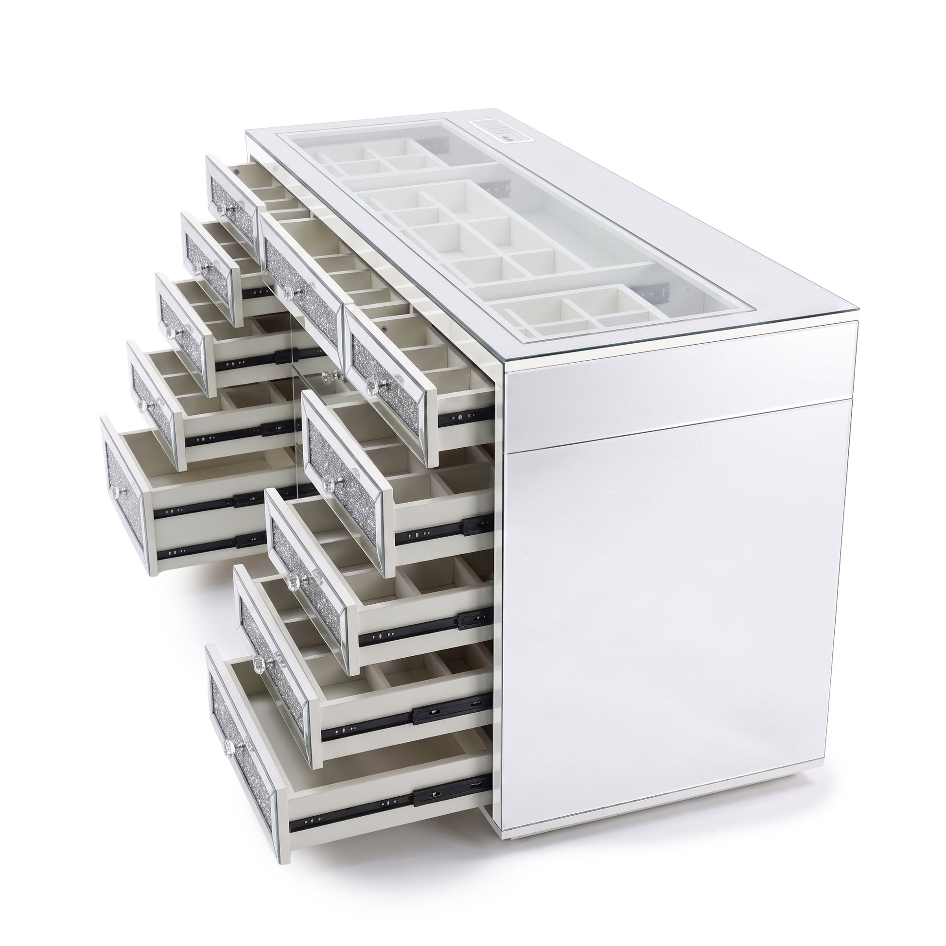 Mirrored storage chest with open drawers and divided compartments on white background