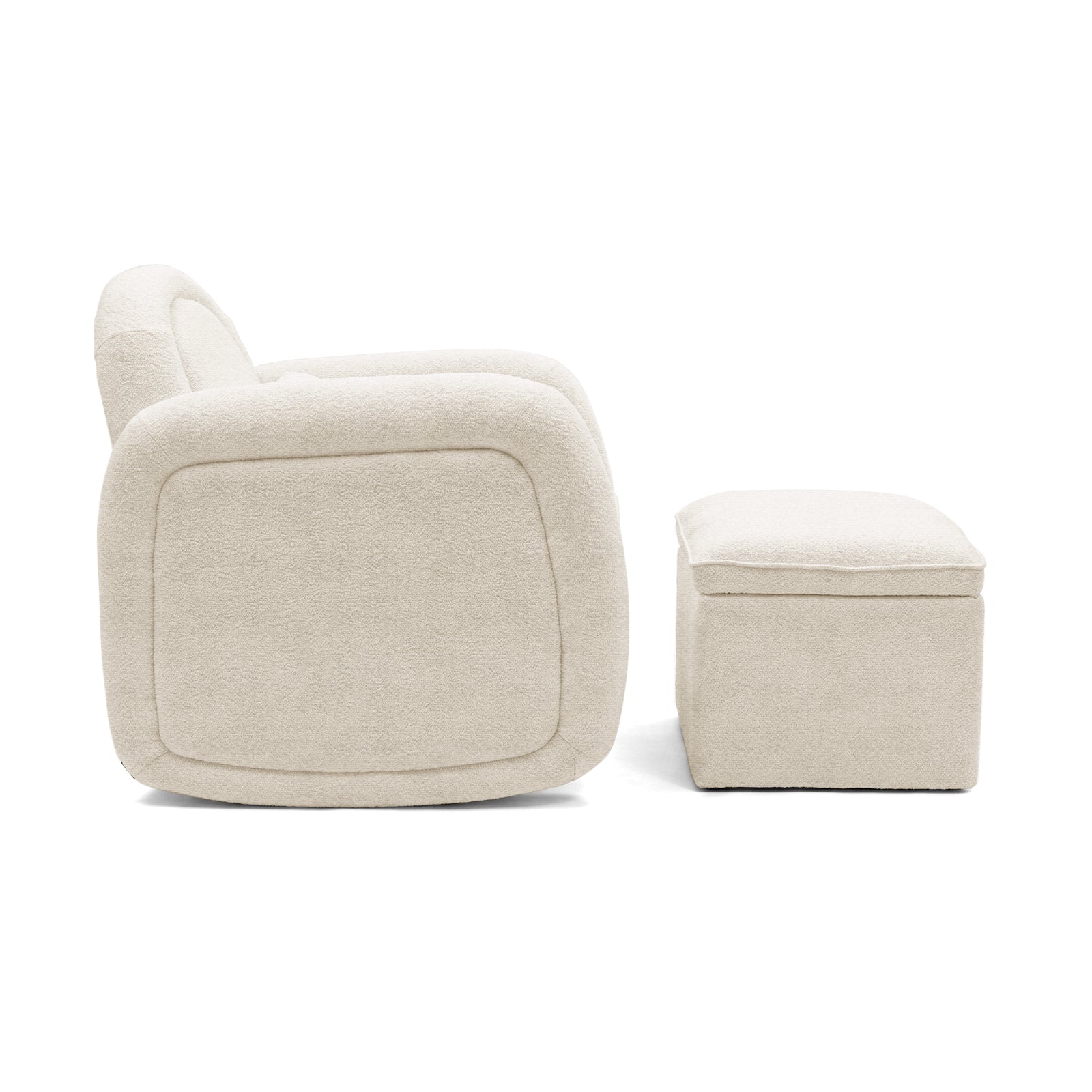 Side profile of cream-colored armchair and ottoman on white background