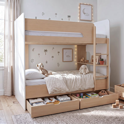 Modern wooden bunk bed in a cozy children's bedroom with toys and decor