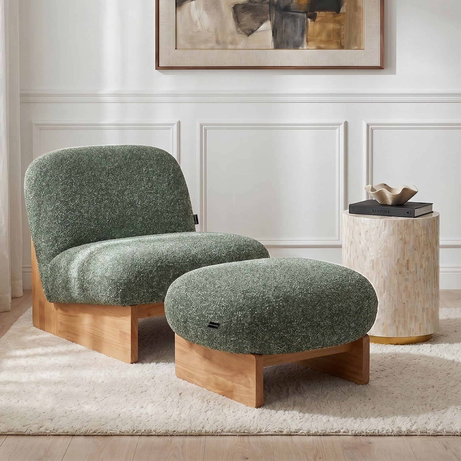 Green lounge chair and ottoman in styled living room