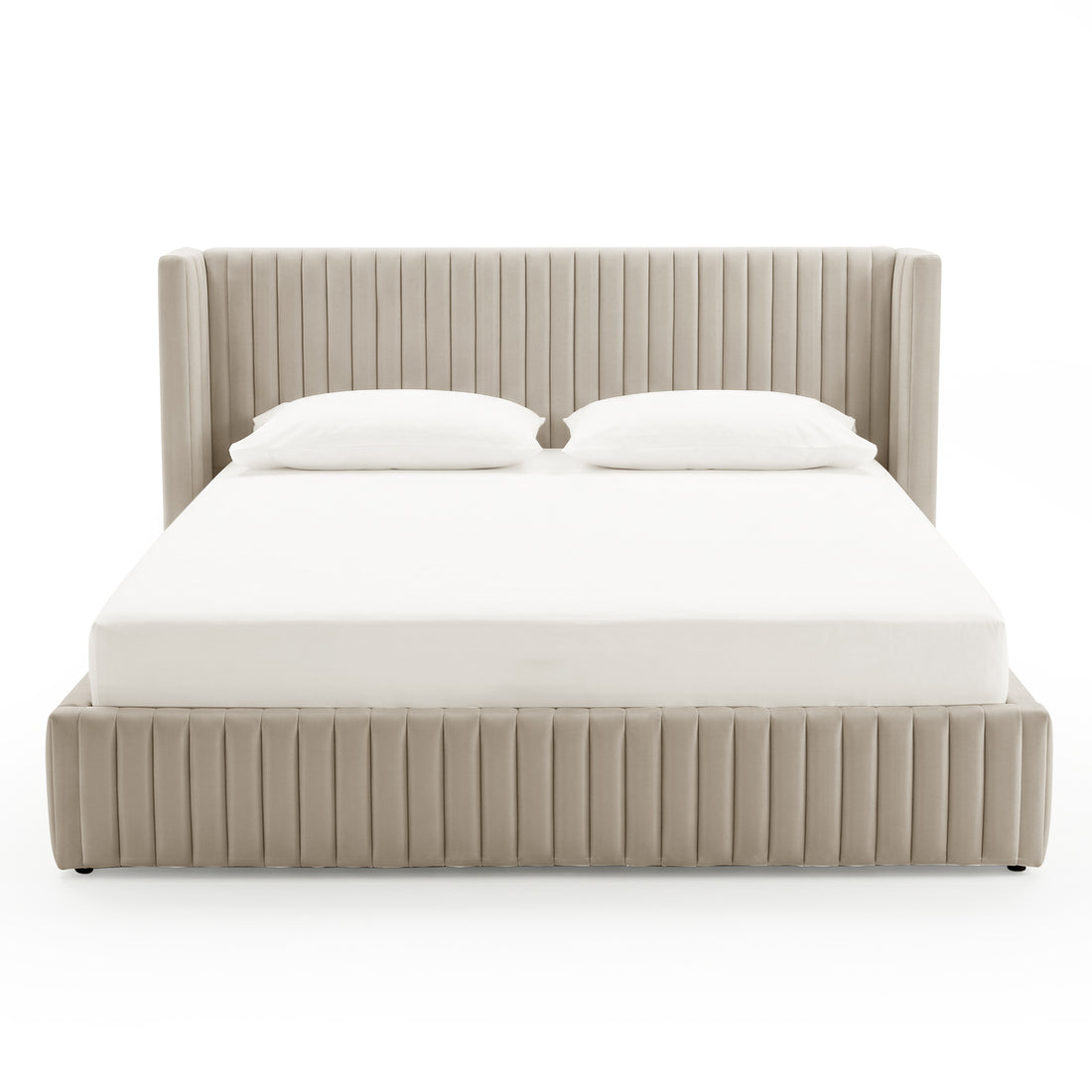 Front-facing beige upholstered bed frame with pillows on white background