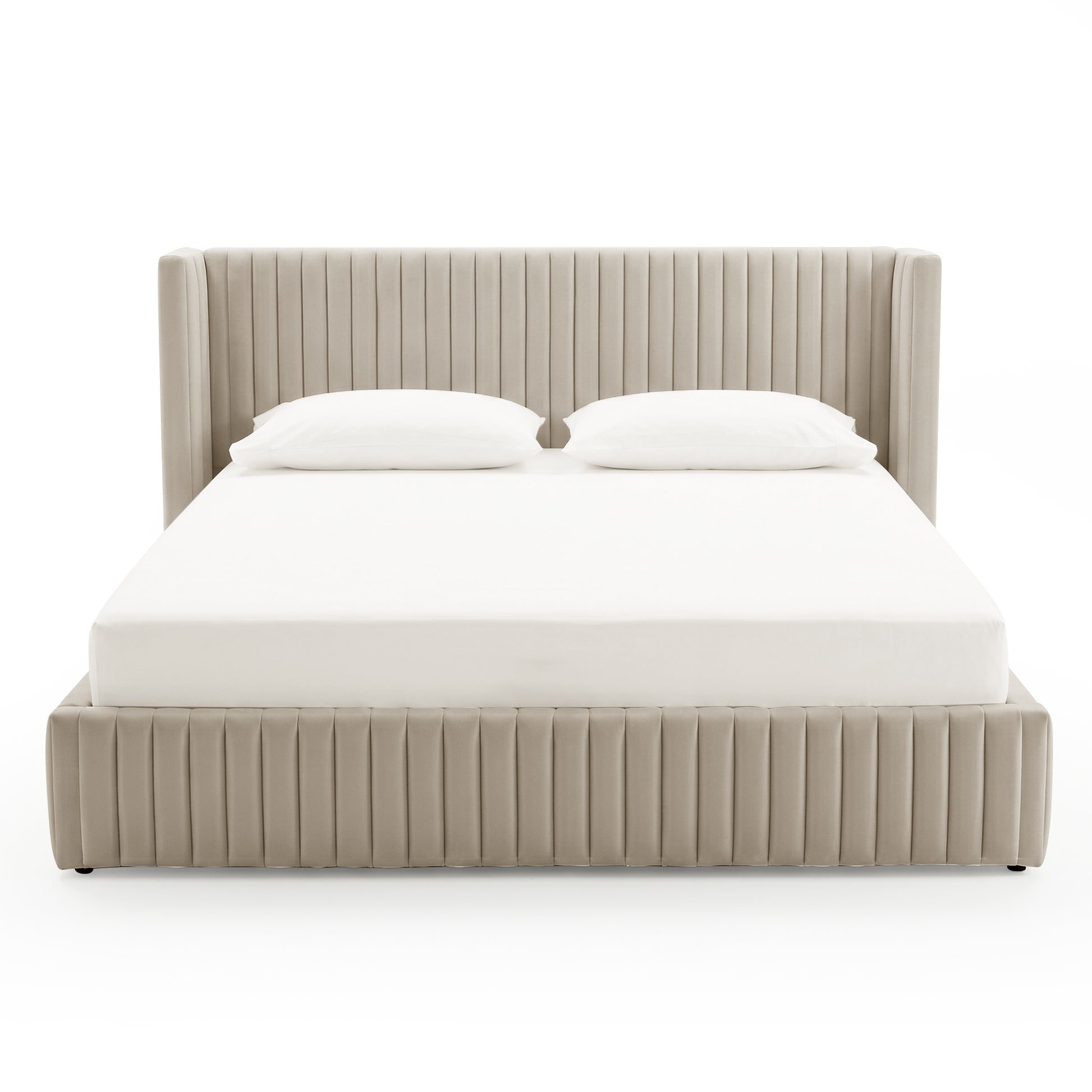 Front-facing beige upholstered bed frame with pillows on white background