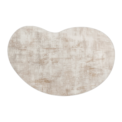 Abstract beige and off-white rug shown fully on a white background