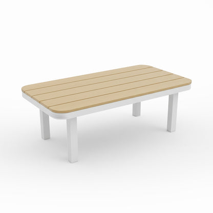 Sierra Outdoor Lounge Set features a low rectangular coffee table with a slatted light-wood top on a white metal frame, embodying a sleek resort-ready design for stylish outdoor relaxation.