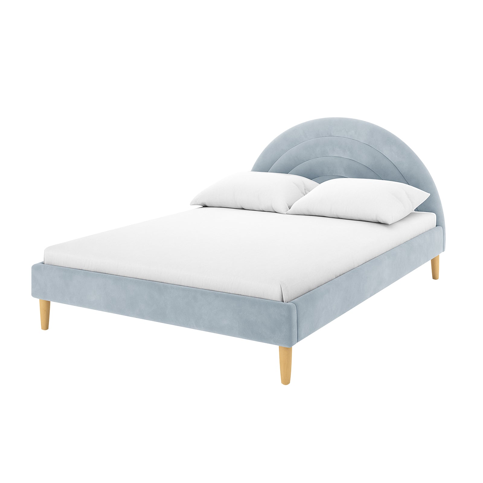 Estilla Velvet Rainbow Bed in Ice Blue features a low-profile, light blue upholstered frame with an arched headboard, plain white mattress cover, and pillows, standing on simple wooden legs.