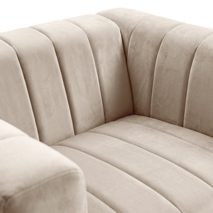 Close-up of beige upholstered seating area and inner armrest details