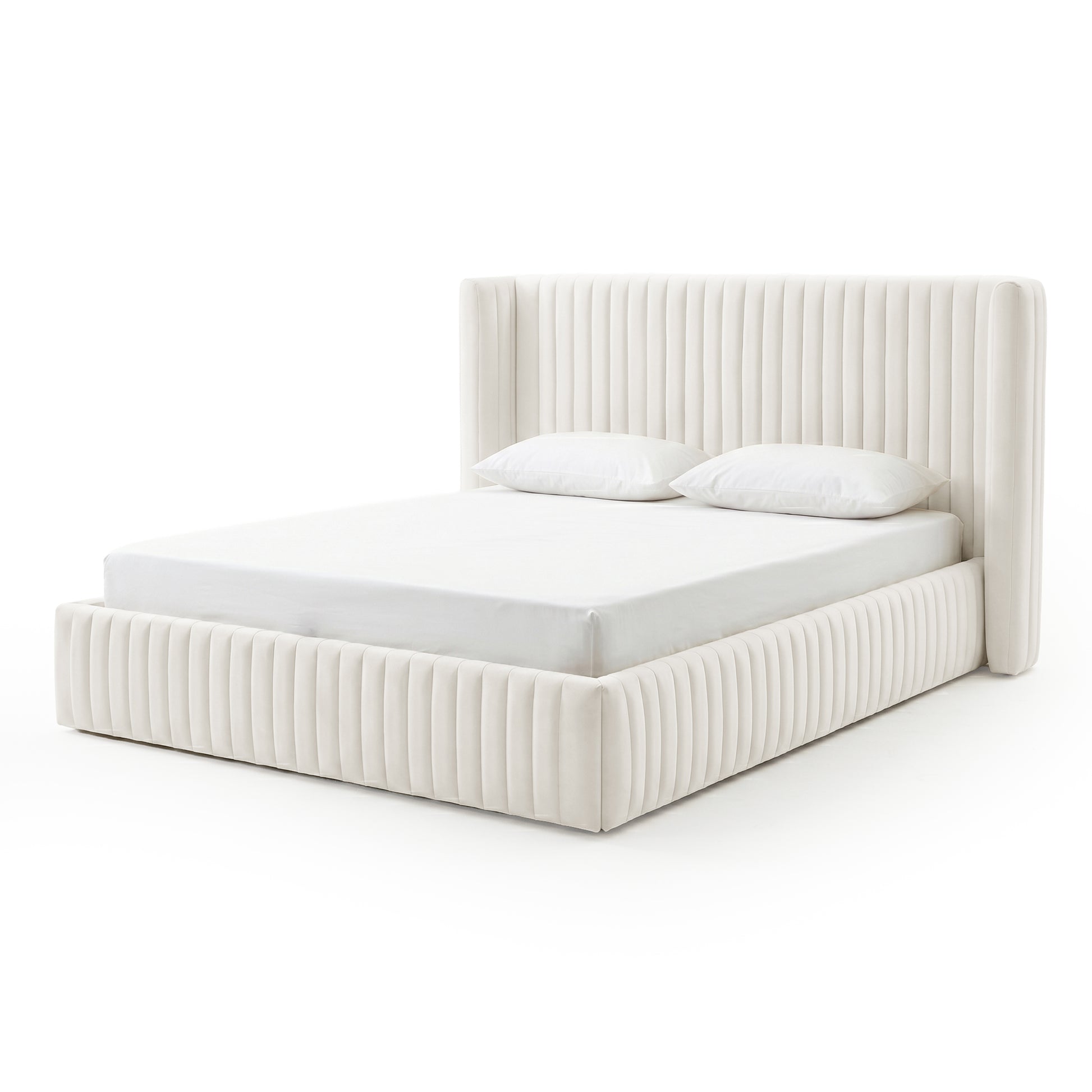 Full view of upholstered bed on white background