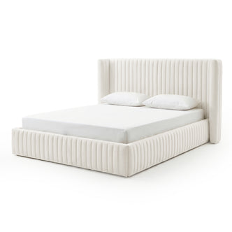 Full view of upholstered bed on white background