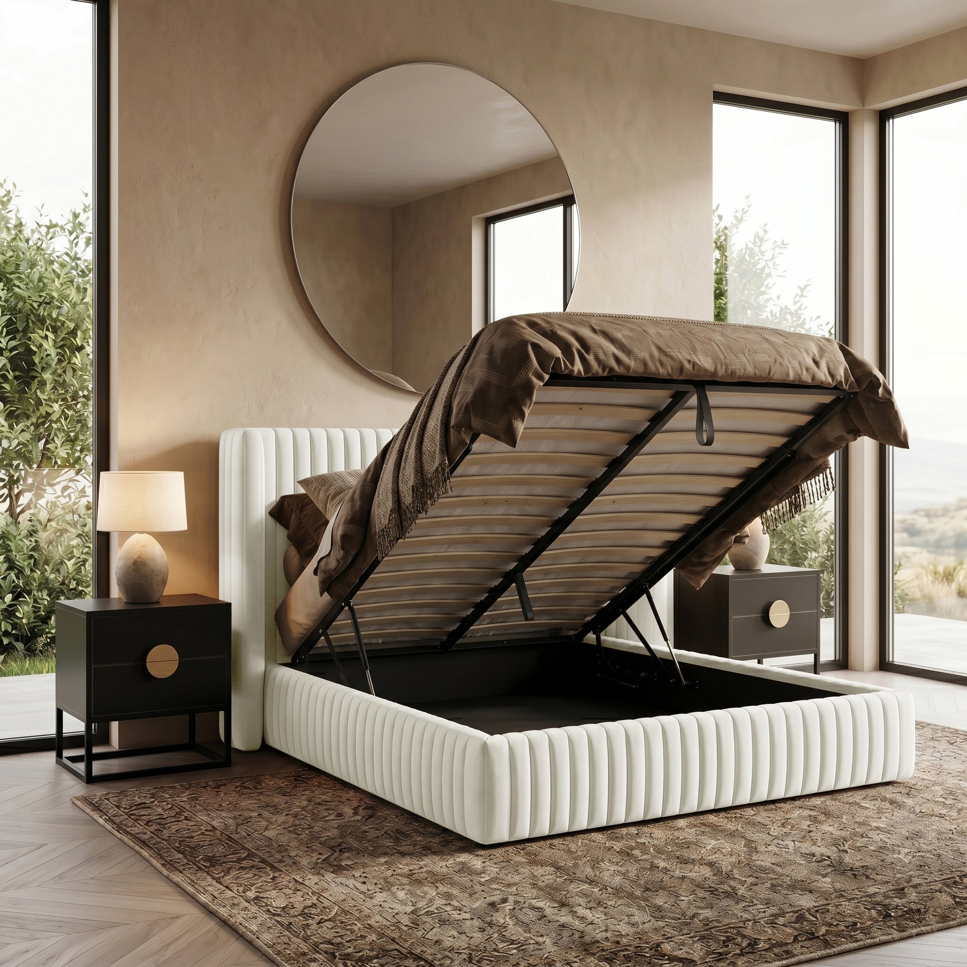 Upholstered bed with open storage compartment in a modern bedroom