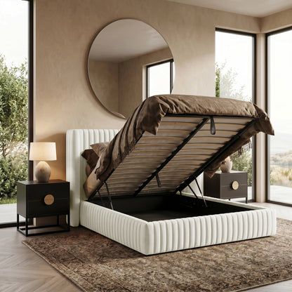 Upholstered bed with open storage compartment in a modern bedroom