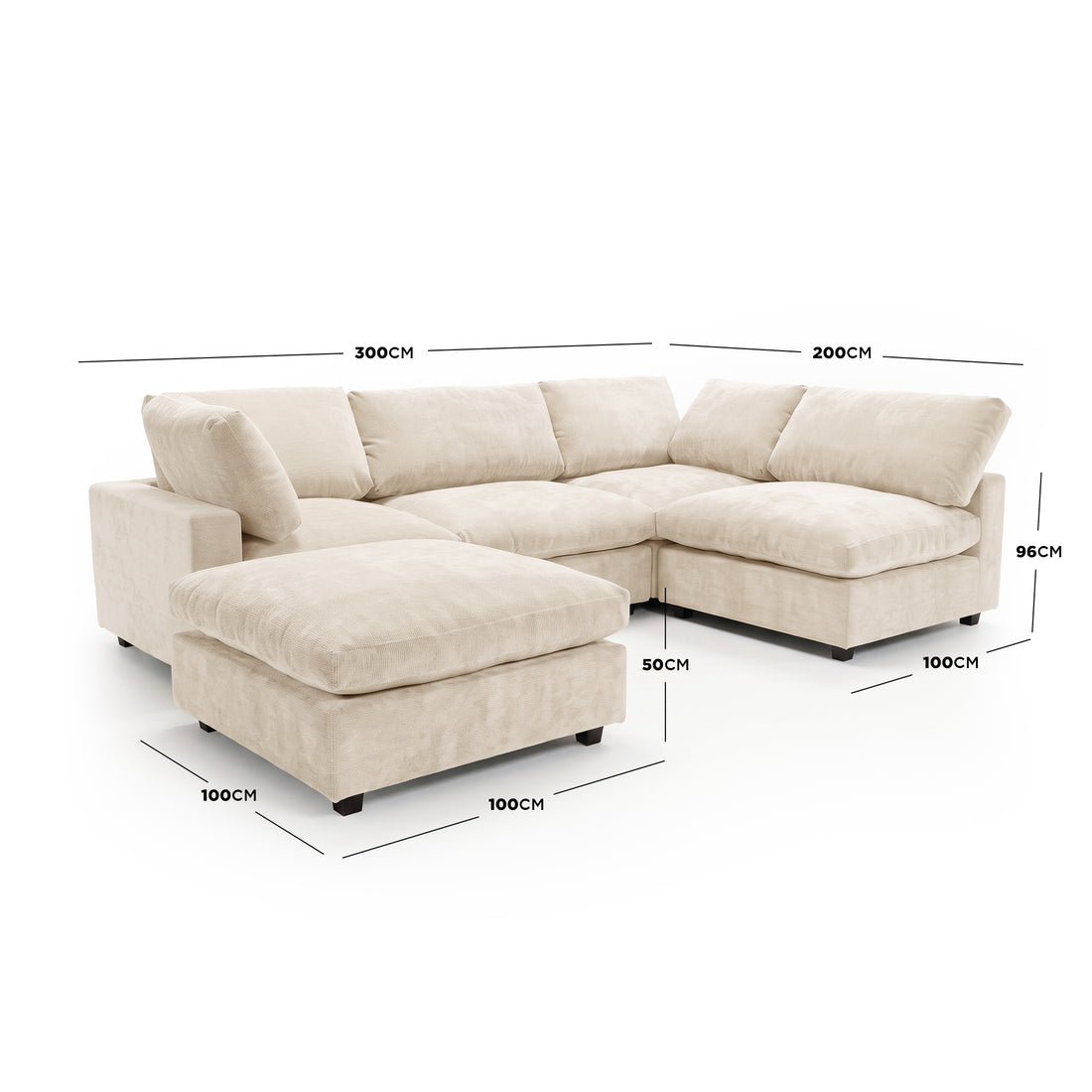 Light beige sectional sofa on white background with dimension labels