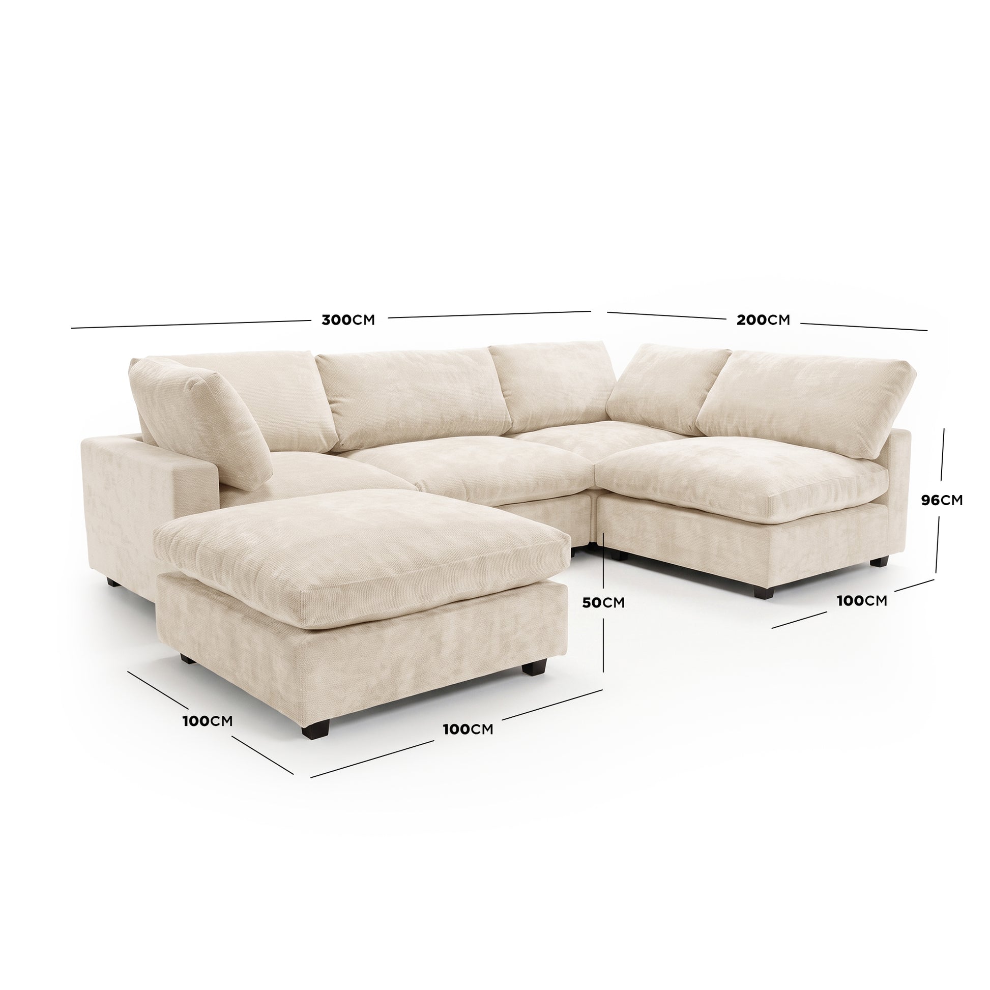 Light beige sectional sofa on white background with dimension labels