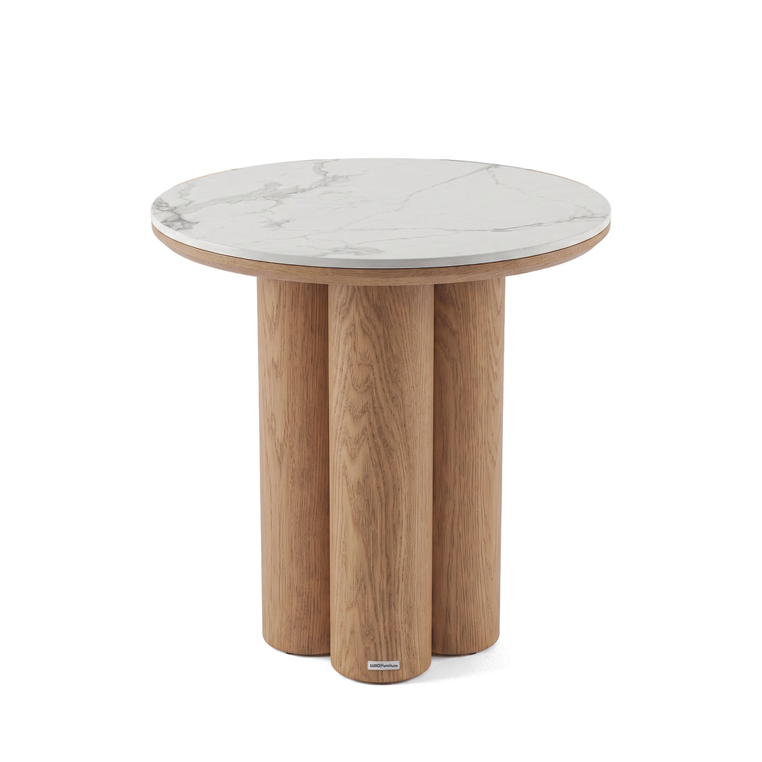 Modern round side table with white marble top and wooden base on white background
