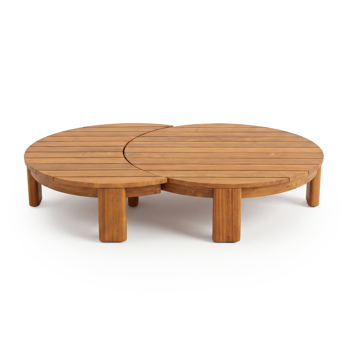 Round wooden coffee table with overlapping circular design on white background