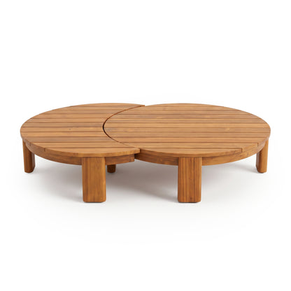 Round wooden coffee table with overlapping circular design on white background