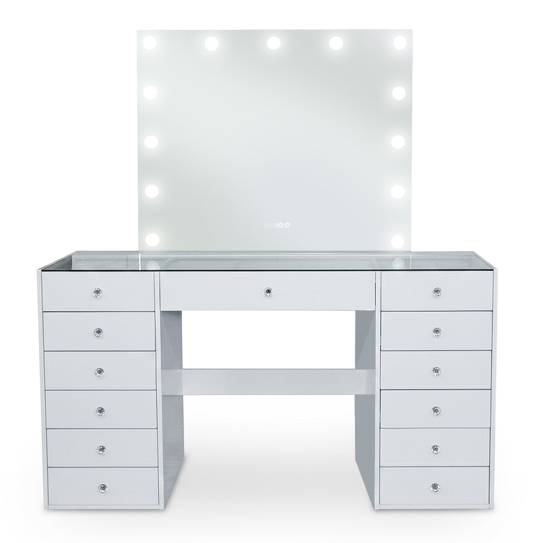 Modern white vanity set with bulbs around mirror on white background