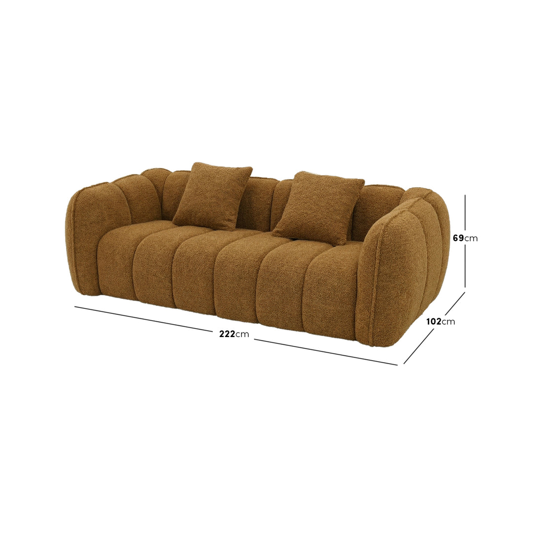 Brown sofa with dimensions on white background
