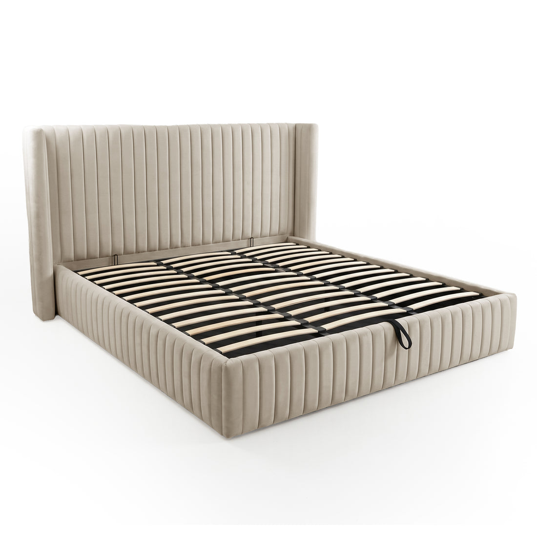 Beige upholstered bed frame on white background
