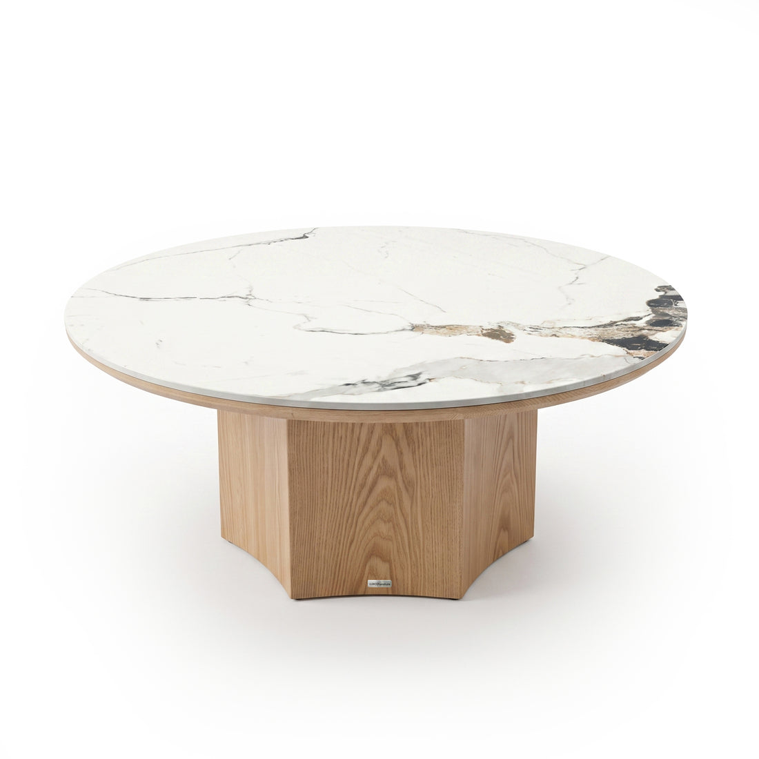Round coffee table with a white marble top and faceted wood base on a white background.