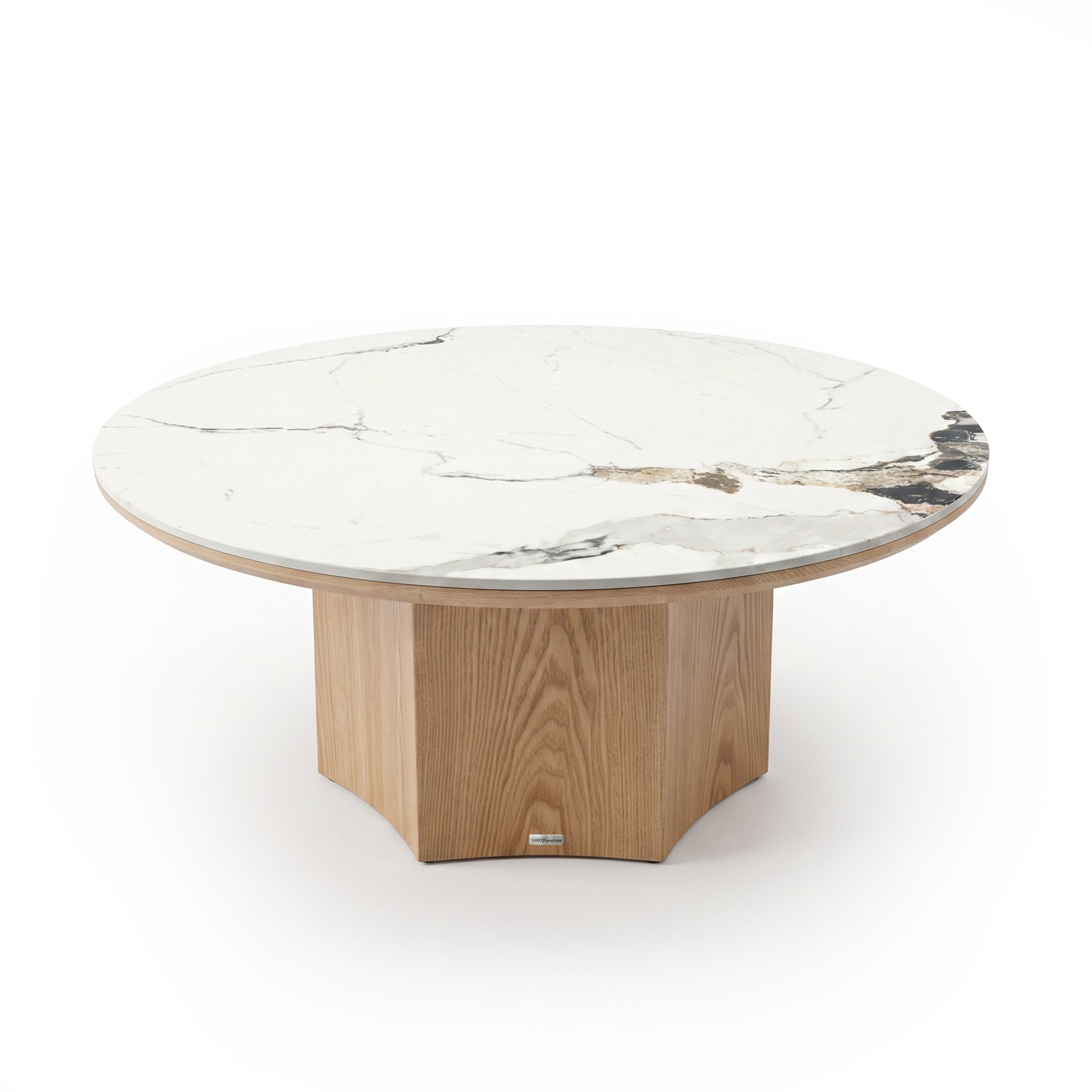 Round coffee table with a white marble top and faceted wood base on a white background.