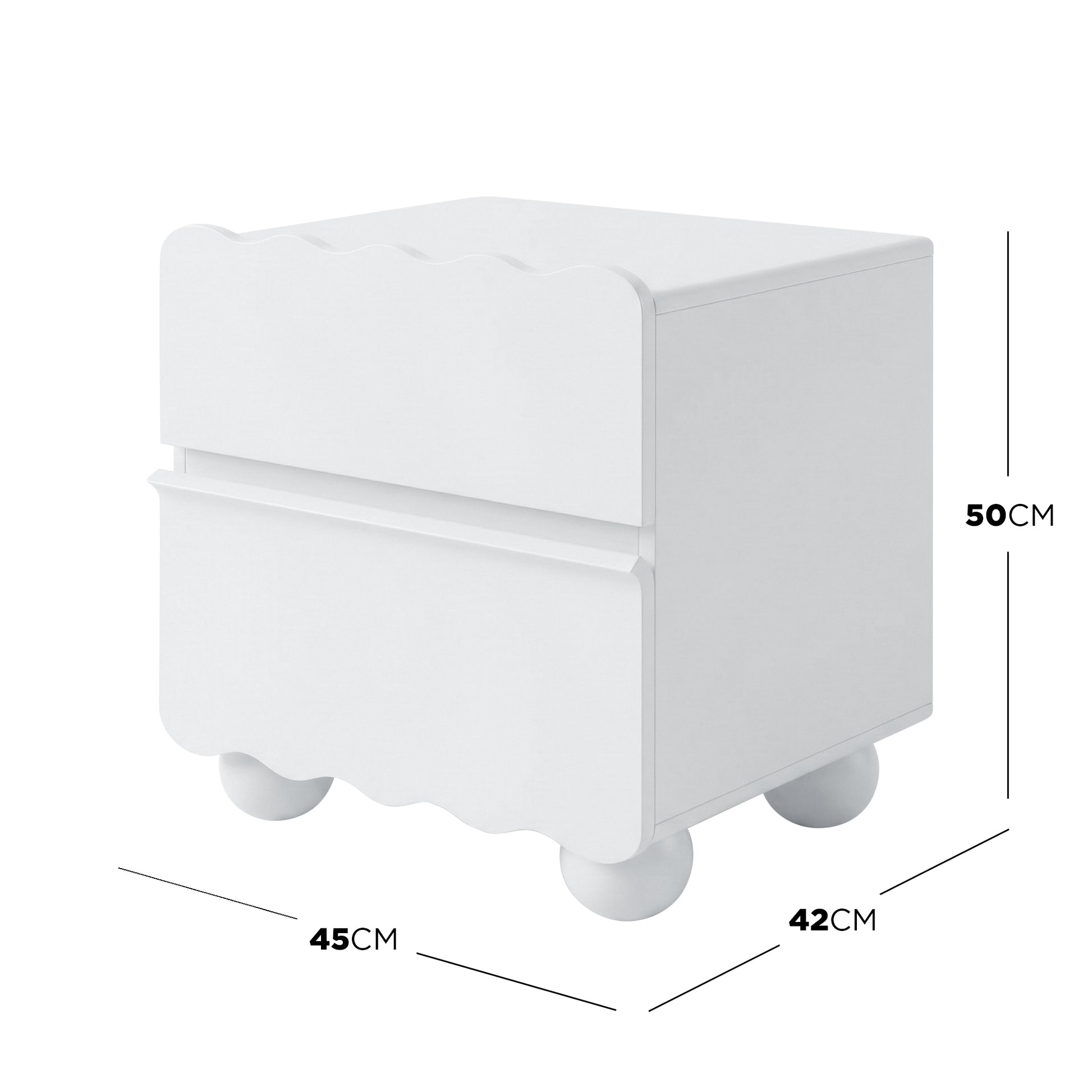 White nightstand with dimensions marked 45×42×50 cm on white background