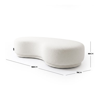 Cream white curved bench seat with dimensions shown: 160cm by 79cm by 40cm