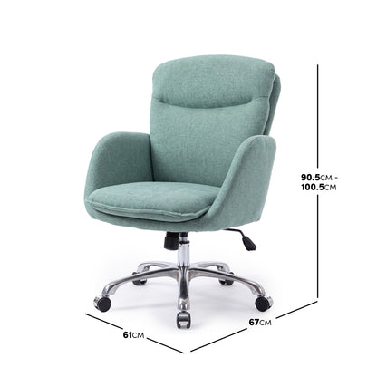 Modern upholstered office chair on a white background with dimension measurements shown