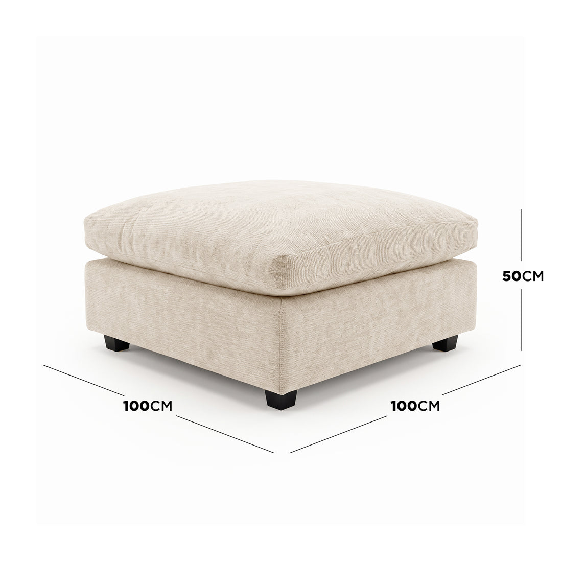 Beige ottoman on white background with dimension labels showing 100CM by 100CM by 50CM