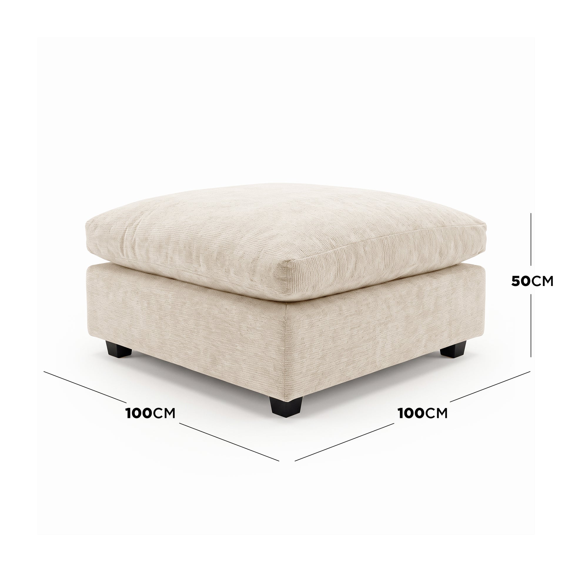 Beige ottoman on white background with dimension labels showing 100CM by 100CM by 50CM