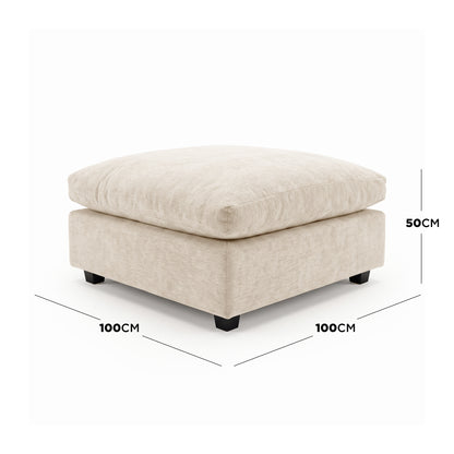 Beige ottoman on white background with dimension labels showing 100CM by 100CM by 50CM