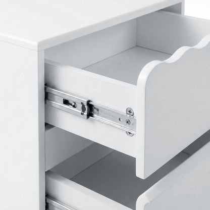 Close-up of drawer sliding mechanism inside white nightstand
