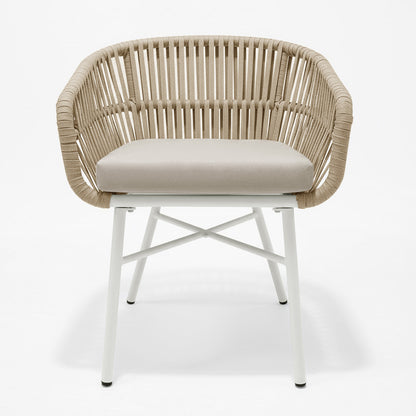 Marula Rope Outdoor Dining Chairs in White Set of 4, featuring a sleek white metal frame, beige seat cushions, and neutral-toned rope detailing for a modern, airy look suitable for outdoor dining.