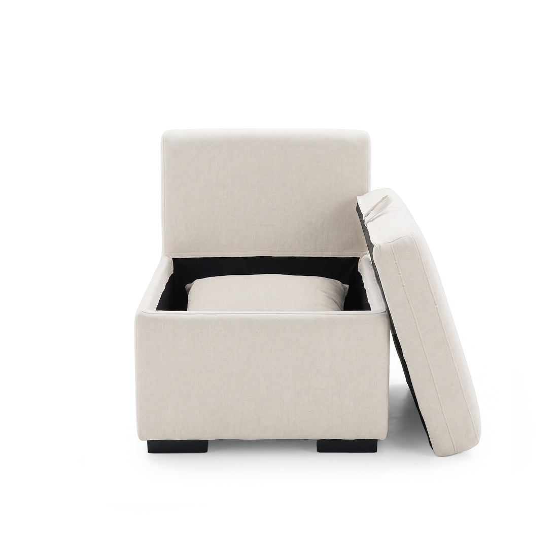 Cream square upholstered storage ottoman with open interior compartment