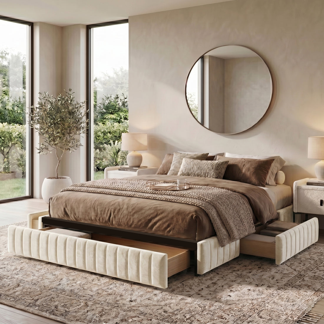 Upholstered bed in a styled bedroom setting