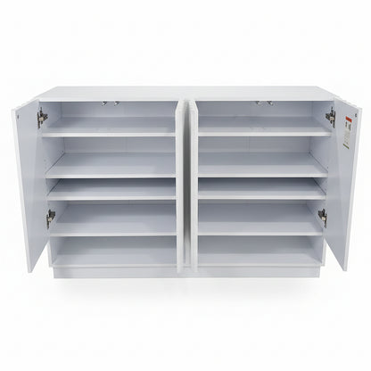 White storage cabinet on white background with open doors revealing shelves