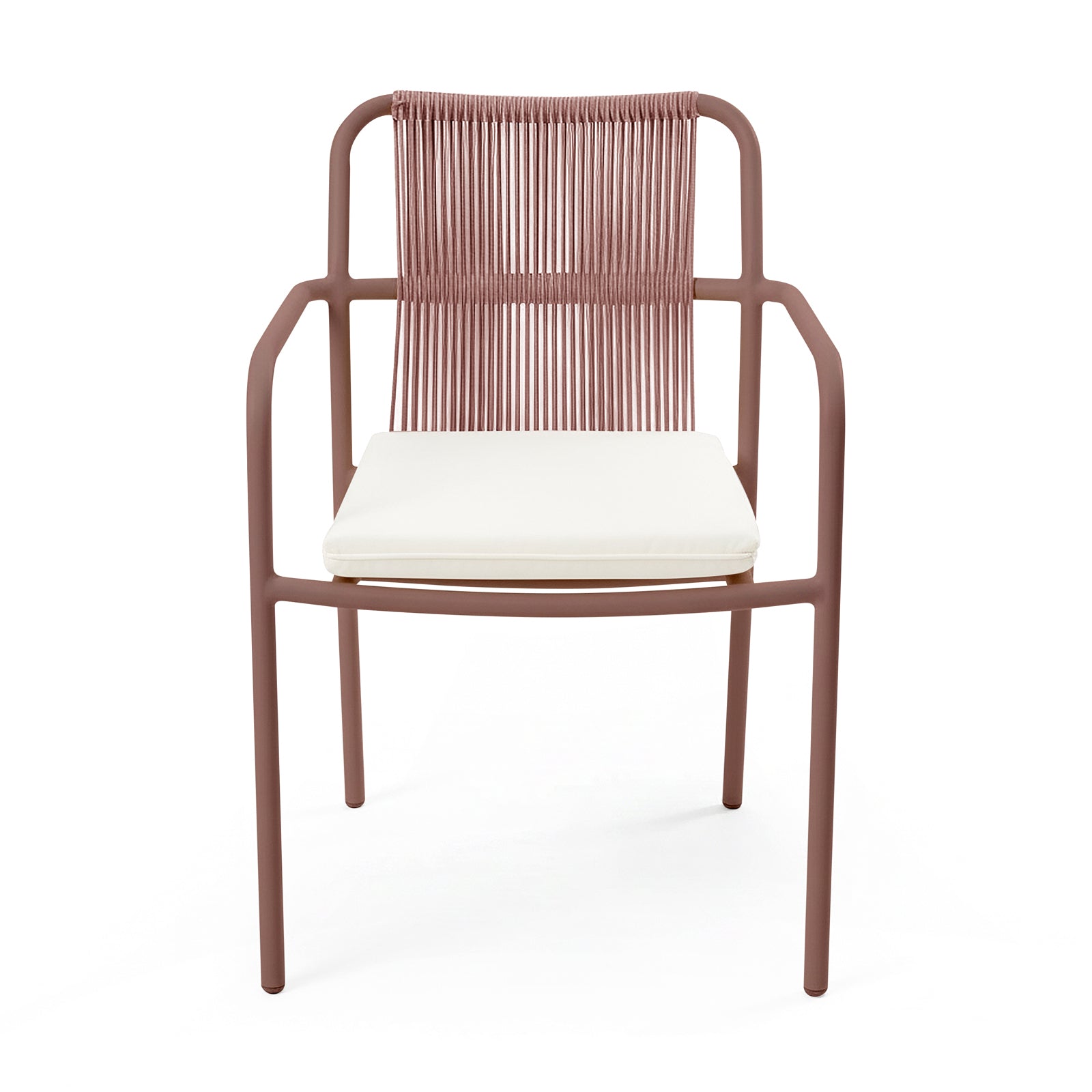Evone Aluminium Rope Outdoor Dining Chair in Terracotta features a slender metal frame and a cord-wrapped backrest with a removable white cushion, ideal for modern indoor/outdoor settings.